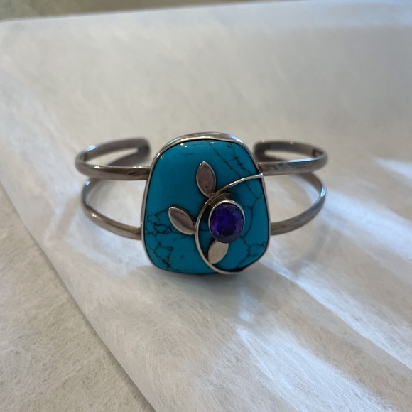 Vintage Sterling Silver Cuff Bracelet with Turquoise-Style Stone & Amethyst - Picture 2 of 10